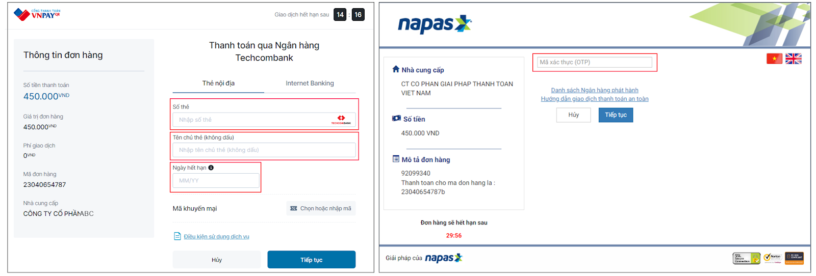 Giao diện thanh toán qua “Thẻ nội địa và tài khoản ngân hàng”